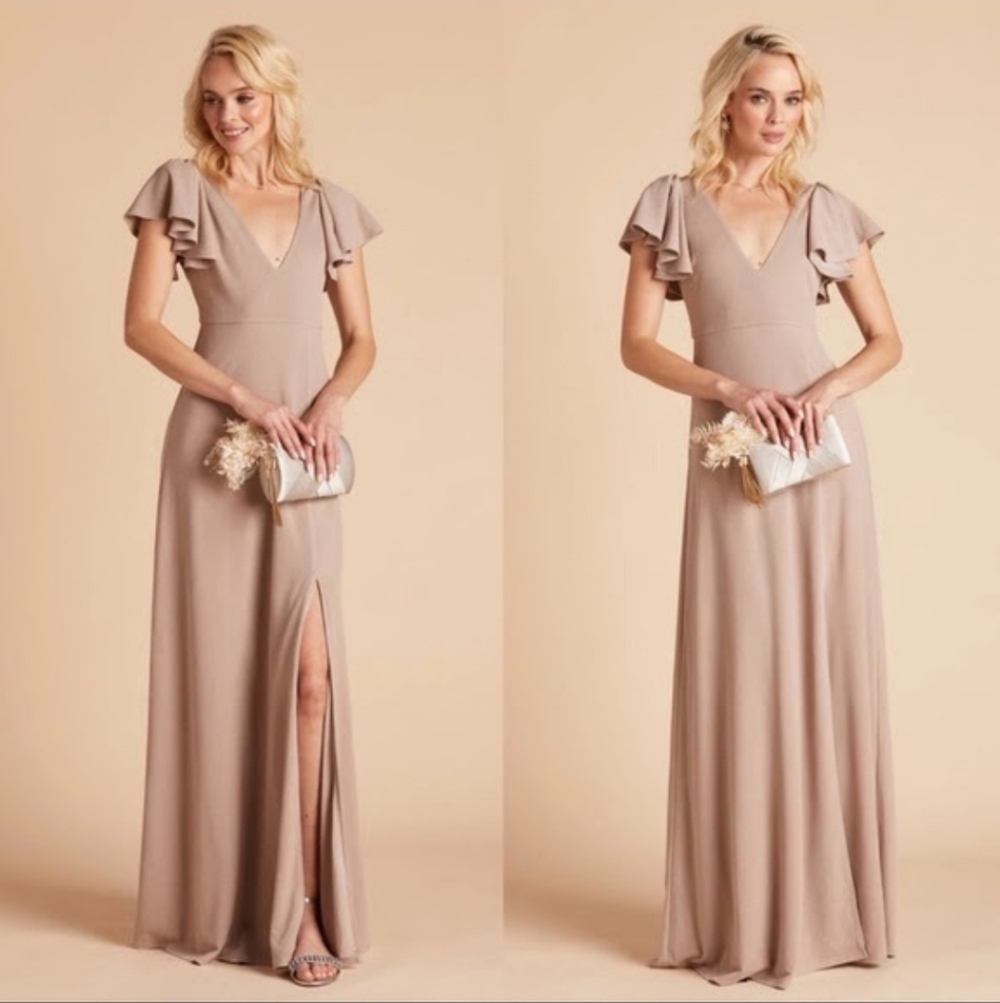Birdy Grey Hannah Crepe Taupe Maxi Dress with Ruffle Sleeves | Sz M | NWOT